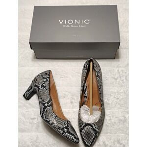Vionic Leather Pointed Toe Pumps Mia Snake Size 8 Black White Heels